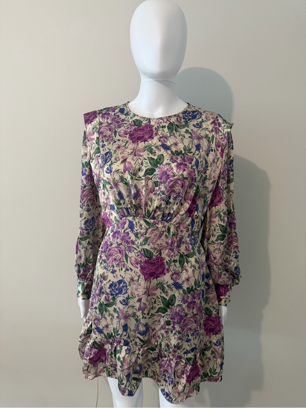 Zara Floral Mini Dress in Purple and Cream with Green Accents